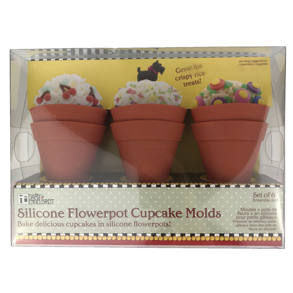 NIB Mary Engelbreit Silicone Flowerpot Cupcake Molds 6 Reusable Liners BPA Free